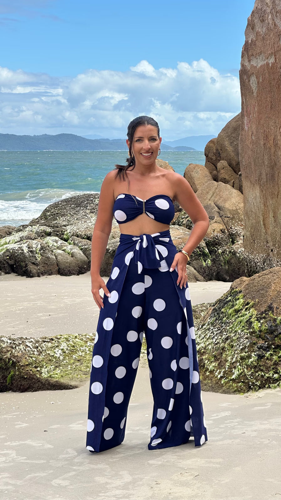 Conjunto Calça & Macacão - Poá Azul Marinho